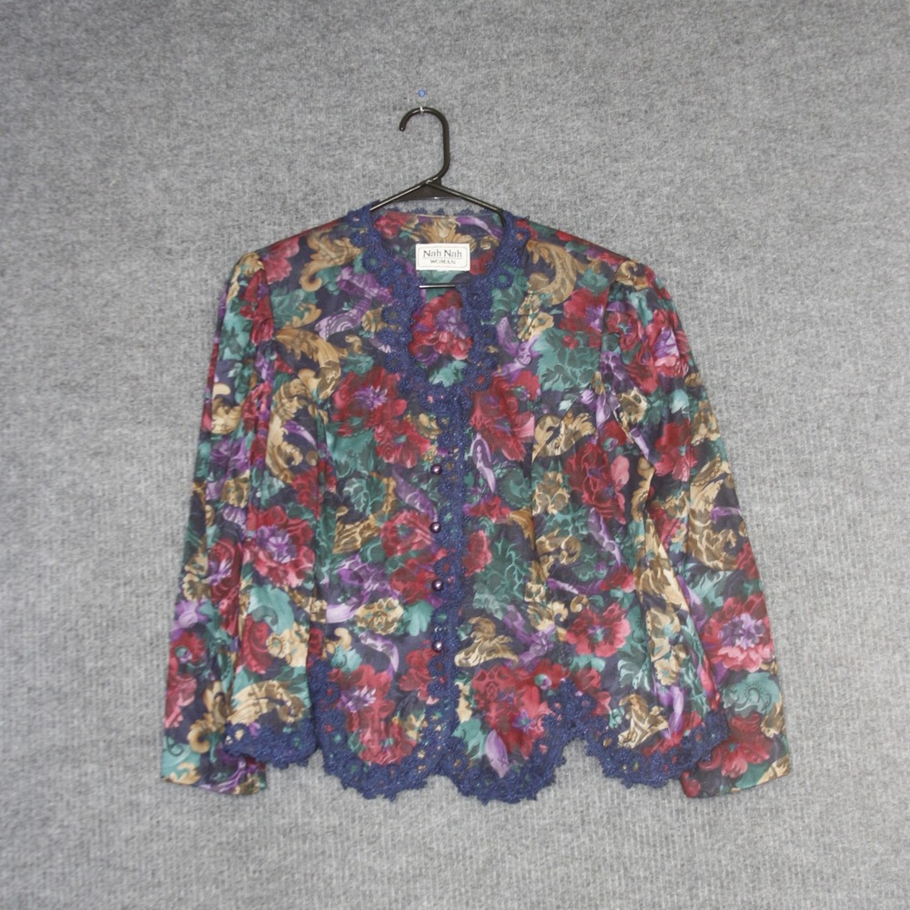 Nah Nah Woman Size M Floral Lace Trim Blazer Collarless Jacket Purple Red Green
